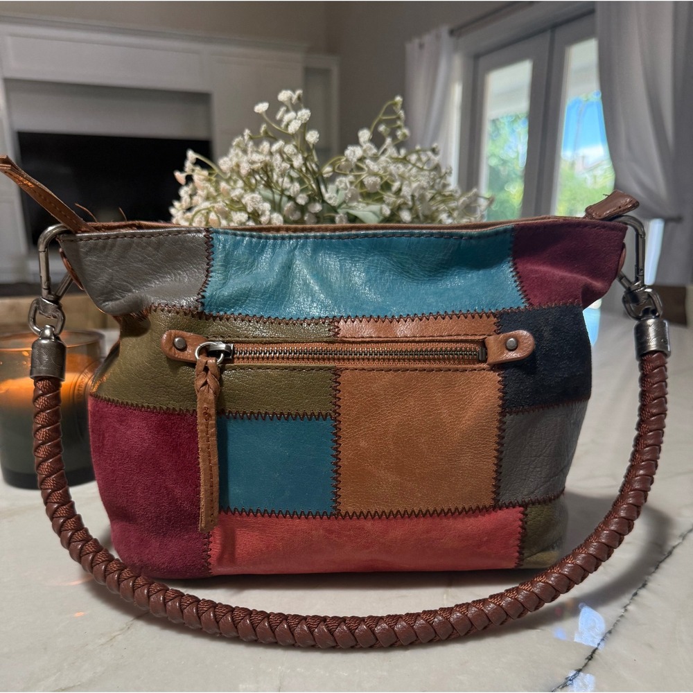 The Sak Patchwork Leather Suede Hobo Bag Multicolor Braided Handle Boho